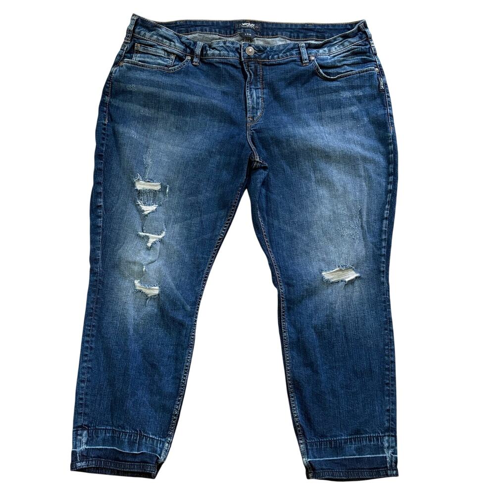 Silver Jeans Women's Sam Dark Wash Distressed Jeans Cropped 24 44/27 Inseam 27"